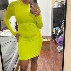 Neon green midi long sleeve bodycon dress